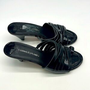 Donald Pliner - Black Patent Leather Strappy  Toe Insert Small Heel Sandals 7
